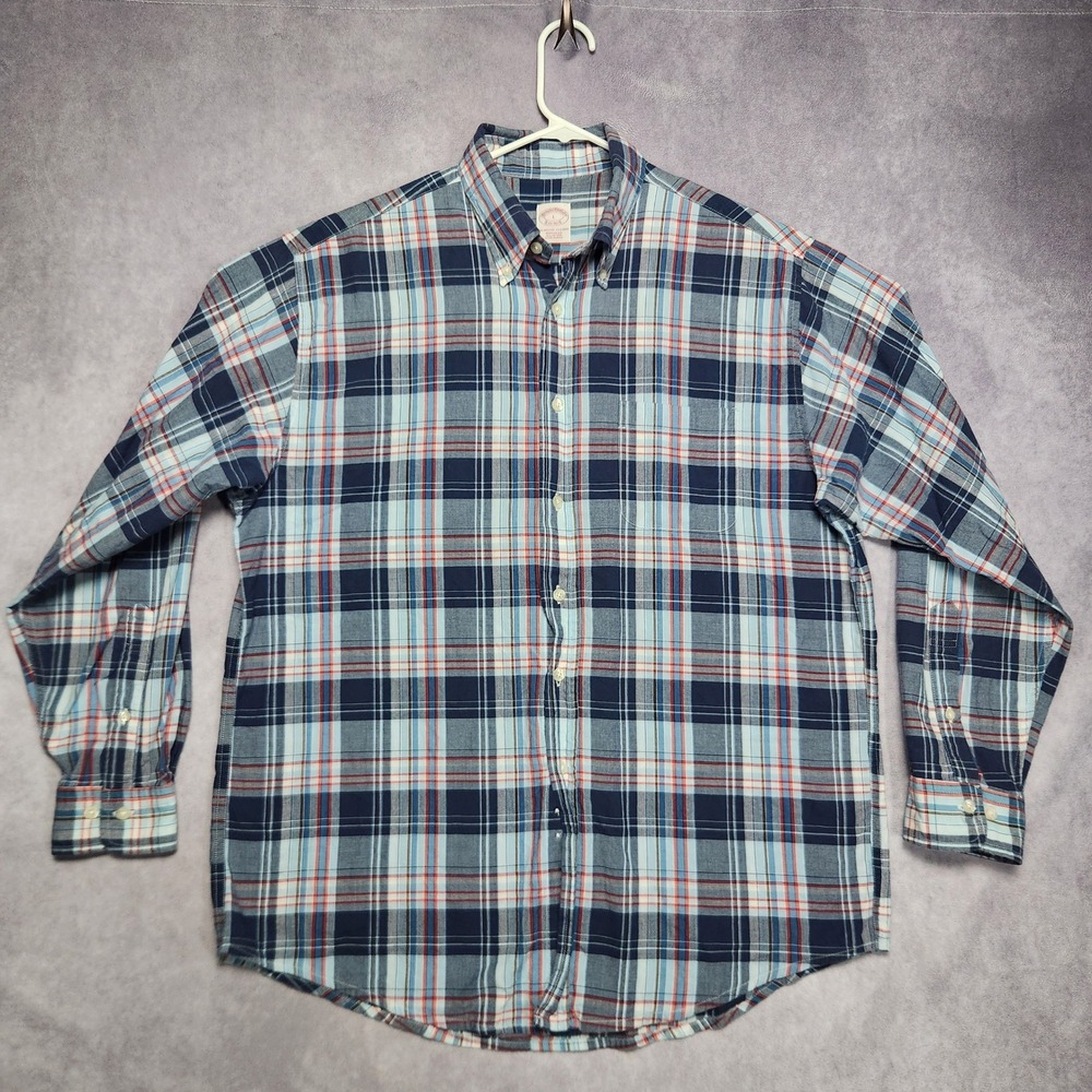 Brooks Brothers Mens Large Blue Plaid Long Sleeve Regular Fit Button Down Shirt